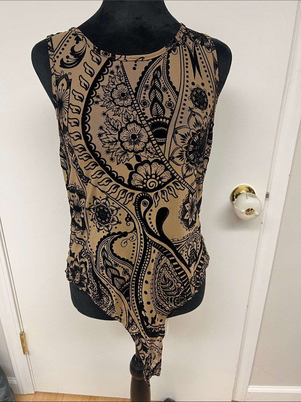 Sleeveless Sheer Paisley Print Bodysuit in Tan and Black
